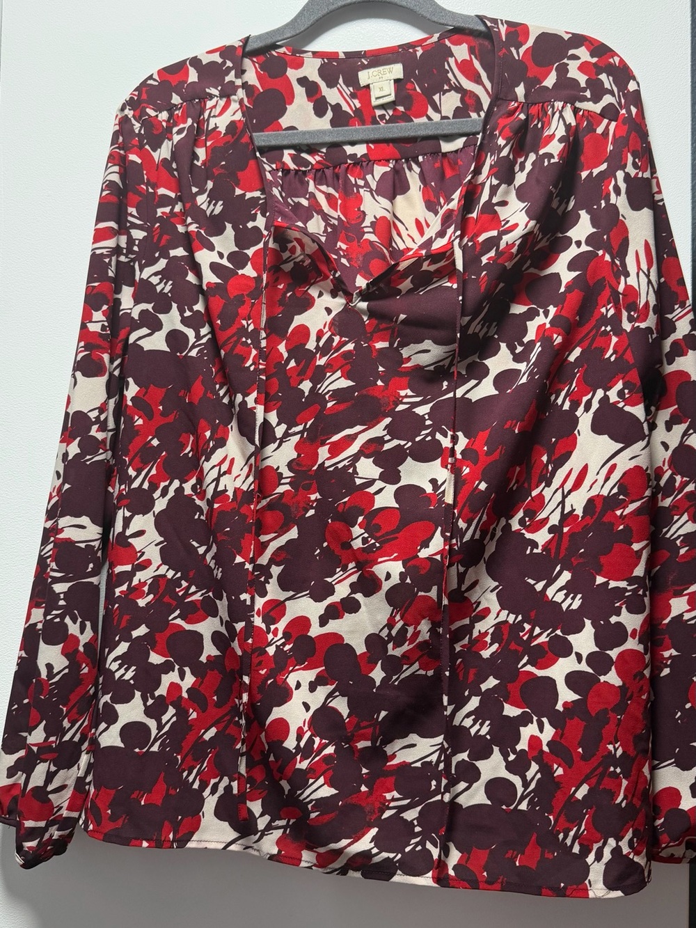 J. Crew Red & Burgundy Abstract Print V-Neck Blouse